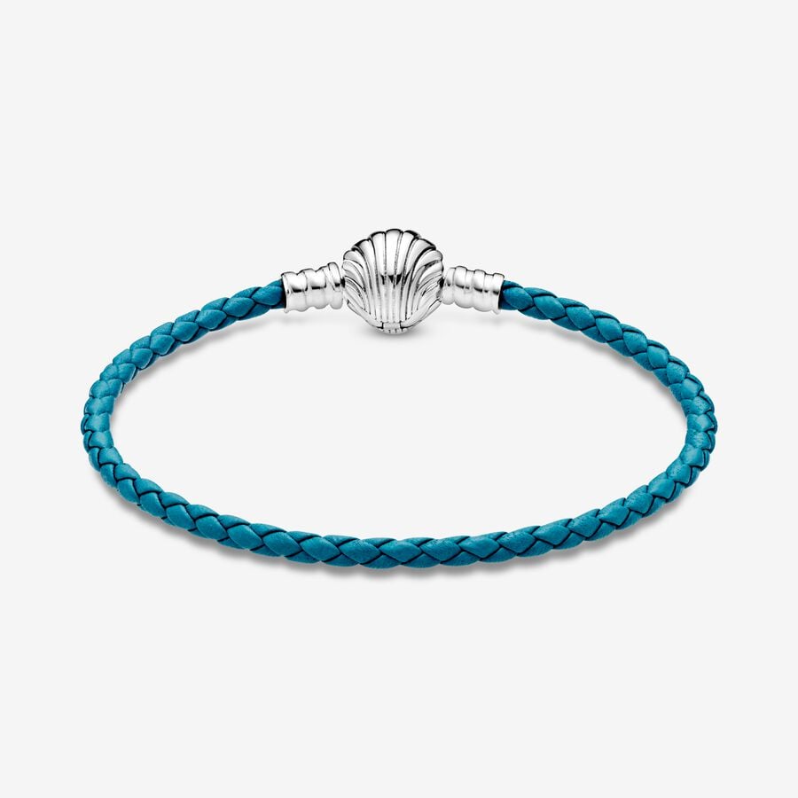 Pandora Moments Seashell Clasp Turquoise Braided Leather Silber | JLYFBX-385