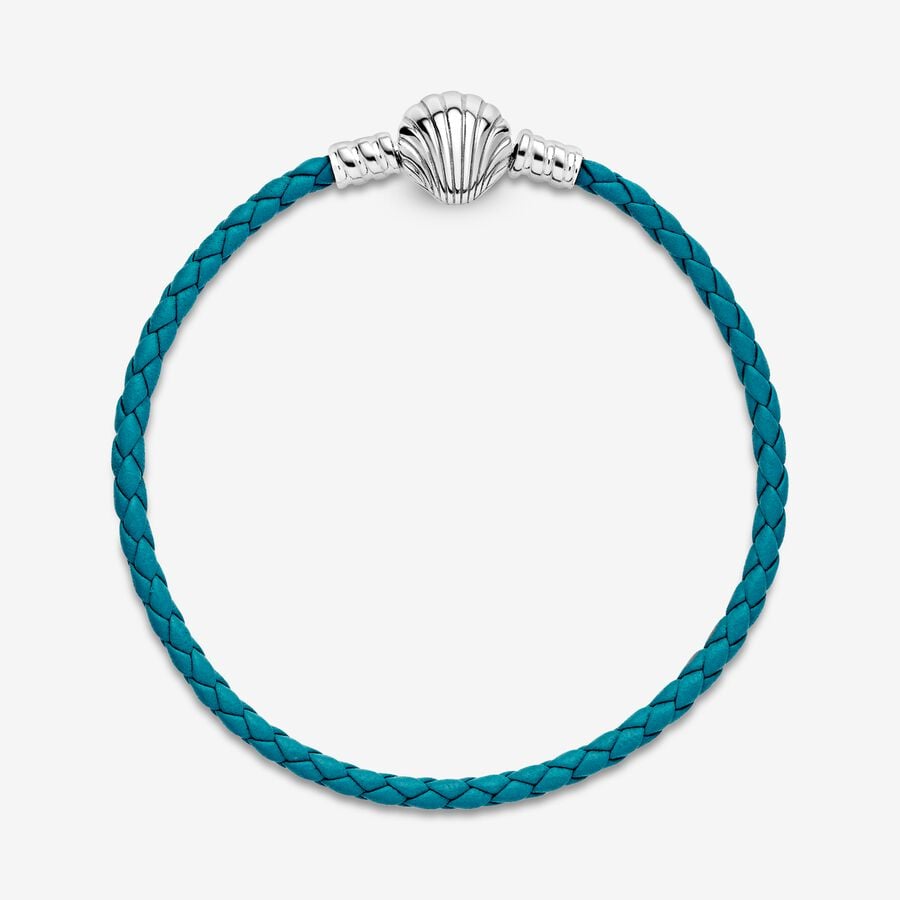 Pandora Moments Seashell Clasp Turquoise Braided Leather Silber | JLYFBX-385