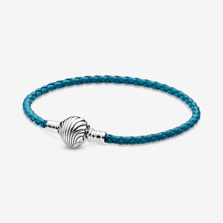 Pandora Moments Seashell Clasp Turquoise Braided Leather Silber | JLYFBX-385