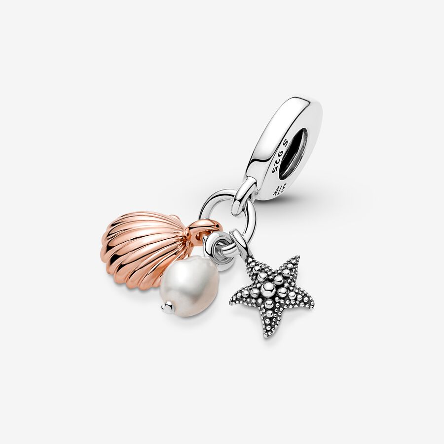 Pandora Treated Freshwater Cultured Pearl Starfish & Shell Triple Baumeln Two-tone | VZGBQS-324