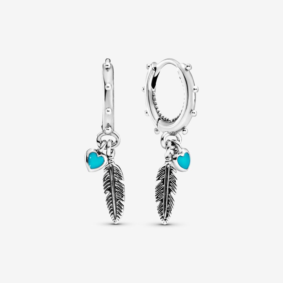 Pandora Turquoise Hearts Feather Fallen Silber | WYFMLU-625